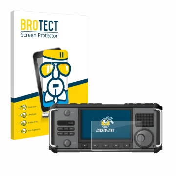 Parte frontal de un envase de producto con el logotipo de la marca BROTECT. Al lado se muestra el dispositivo Xiegu X6200 con 