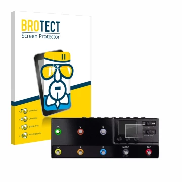 Parte frontal de un envase de producto con el logotipo de la marca BROTECT. Al lado se muestra el dispositivo Line 6 hx stomp 