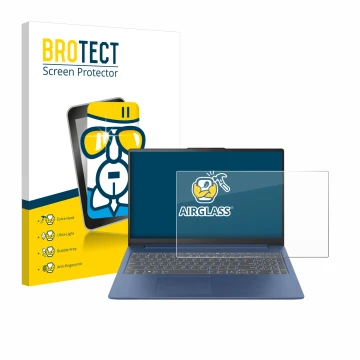 Parte frontal de un envase de producto con el logotipo de la marca BROTECT. Al lado se muestra el dispositivo Lenovo IdeaPad S