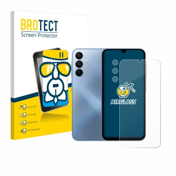 Parte frontal de un envase de producto con el logotipo de la marca BROTECT. Al lado se muestra el dispositivo Samsung Galaxy A