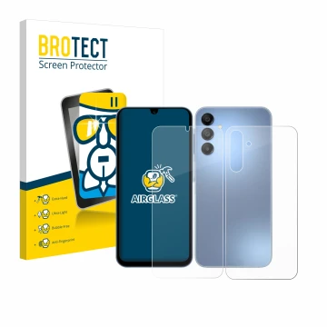 Parte frontal de un envase de producto con el logotipo de la marca BROTECT. Al lado se muestra el dispositivo Samsung Galaxy A