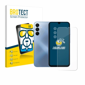 Parte frontal de un envase de producto con el logotipo de la marca BROTECT. Al lado se muestra el dispositivo Samsung Galaxy A