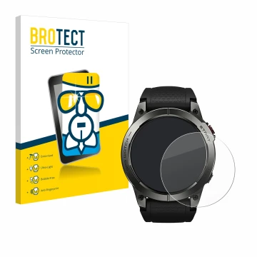 Parte frontal de un envase de producto con el logotipo de la marca BROTECT. Al lado se muestra el dispositivo Zeblaze Stratos 