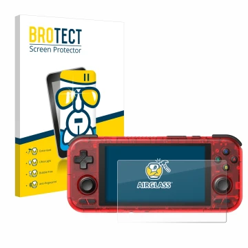 Parte frontal de un envase de producto con el logotipo de la marca BROTECT. Al lado se muestra el dispositivo Retroid Pocket 4