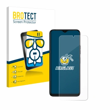 Parte frontal de un envase de producto con el logotipo de la marca BROTECT. Al lado se muestra el dispositivo Tecno Spark 10 5