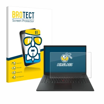 Parte frontal de un envase de producto con el logotipo de la marca BROTECT. Al lado se muestra el dispositivo Lenovo ThinkPad 