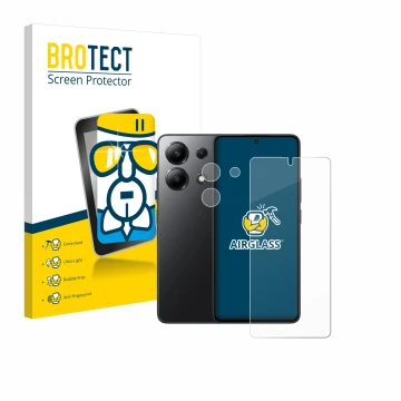 Parte frontal de un envase de producto con el logotipo de la marca BROTECT. Al lado se muestra el dispositivo Xiaomi Redmi Not