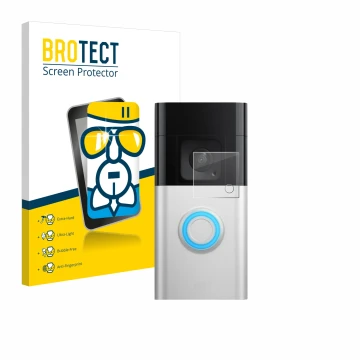 Parte frontal de un envase de producto con el logotipo de la marca BROTECT. Al lado se muestra el dispositivo Ring Video Doorb