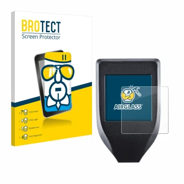 Parte frontal de un envase de producto con el logotipo de la marca BROTECT. Al lado se muestra el dispositivo Trezor Model T c