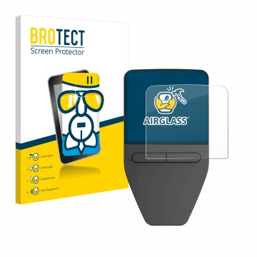 Parte frontal de un envase de producto con el logotipo de la marca BROTECT. Al lado se muestra el dispositivo Trezor Safe 3 co