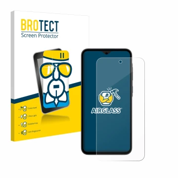 Parte frontal de un envase de producto con el logotipo de la marca BROTECT. Al lado se muestra el dispositivo Samsung Galaxy A
