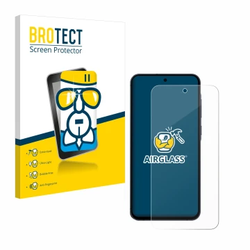 Parte frontal de un envase de producto con el logotipo de la marca BROTECT. Al lado se muestra el dispositivo Samsung Galaxy A