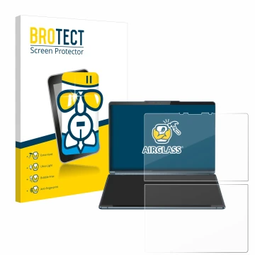 Parte frontal de un envase de producto con el logotipo de la marca BROTECT. Al lado se muestra el dispositivo Lenovo Yoga Book