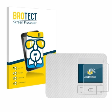 Parte frontal de un envase de producto con el logotipo de la marca BROTECT. Al lado se muestra el dispositivo Canon Selphy CP1