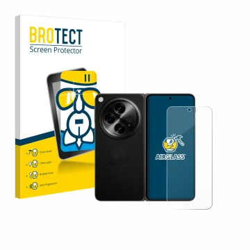 Parte frontal de un envase de producto con el logotipo de la marca BROTECT. Al lado se muestra el dispositivo OnePlus Open (ca