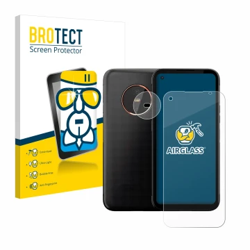 Parte frontal de un envase de producto con el logotipo de la marca BROTECT. Al lado se muestra el dispositivo Gigaset GX6 Pro 