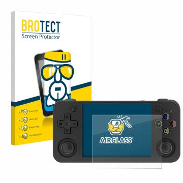 Parte frontal de un envase de producto con el logotipo de la marca BROTECT. Al lado se muestra el dispositivo Anbernic RG35XX 