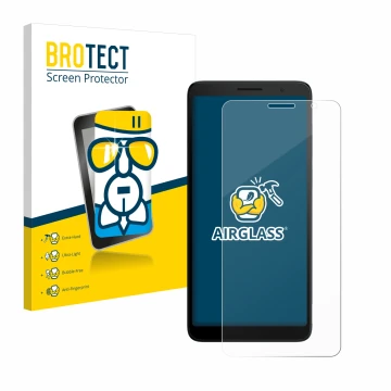 Parte frontal de un envase de producto con el logotipo de la marca BROTECT. Al lado se muestra el dispositivo TCL 501 con su p