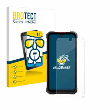 Parte frontal de un envase de producto con el logotipo de la marca BROTECT. Al lado se muestra el dispositivo Hotwav Cyber 9 P