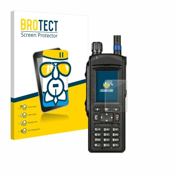 Parte frontal de un envase de producto con el logotipo de la marca BROTECT. Al lado se muestra el dispositivo Motorola MTP6650