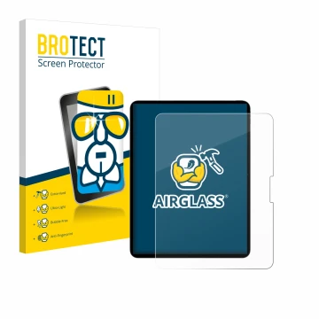 Parte frontal de un envase de producto con el logotipo de la marca BROTECT. Al lado se muestra el dispositivo Apple iPad Pro 1