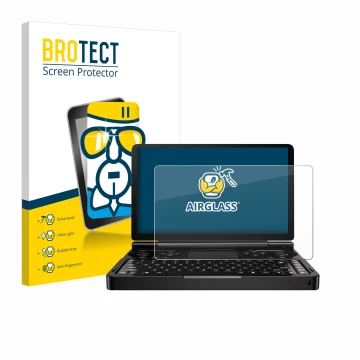 Parte frontal de un envase de producto con el logotipo de la marca BROTECT. Al lado se muestra el dispositivo GPD Win Mini (20