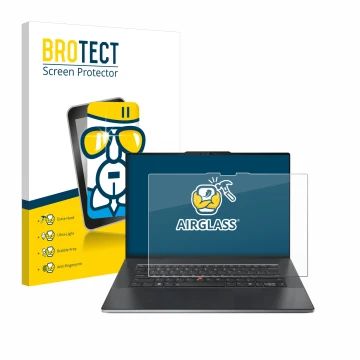 Parte frontal de un envase de producto con el logotipo de la marca BROTECT. Al lado se muestra el dispositivo Lenovo ThinkPad 