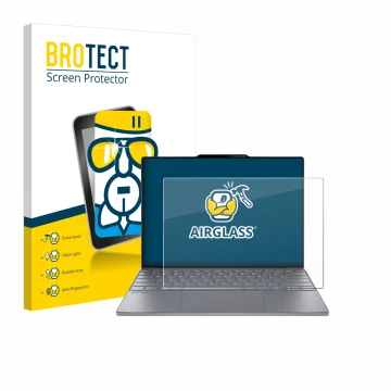 Parte frontal de un envase de producto con el logotipo de la marca BROTECT. Al lado se muestra el dispositivo Lenovo ThinkBook