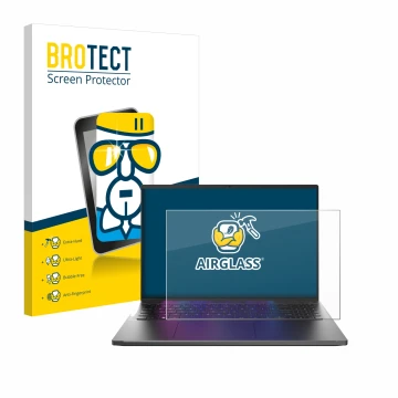 Parte frontal de un envase de producto con el logotipo de la marca BROTECT. Al lado se muestra el dispositivo Acer Swift Go 16