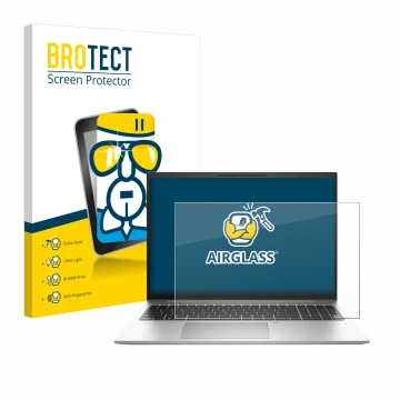 Parte frontal de un envase de producto con el logotipo de la marca BROTECT. Al lado se muestra el dispositivo HP EliteBook 865