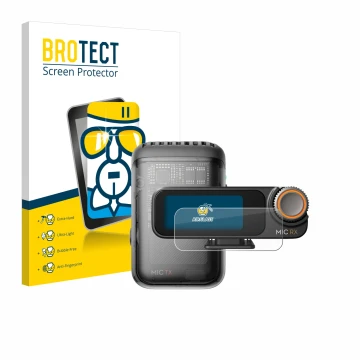 Parte frontal de un envase de producto con el logotipo de la marca BROTECT. Al lado se muestra el dispositivo DJI Mic 2 (Recei