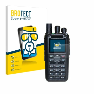 Parte frontal de un envase de producto con el logotipo de la marca BROTECT. Al lado se muestra el dispositivo AnyTone AT-D878U