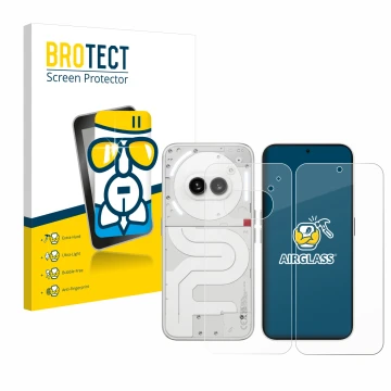 Parte frontal de un envase de producto con el logotipo de la marca BROTECT. Al lado se muestra el dispositivo Nothing Phone (2