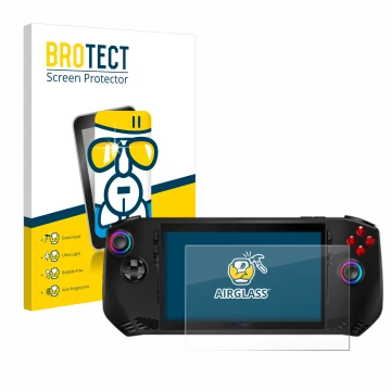 Parte frontal de un envase de producto con el logotipo de la marca BROTECT. Al lado se muestra el dispositivo MSI Claw A1M con