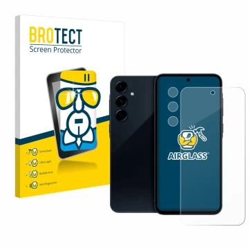 Parte frontal de un envase de producto con el logotipo de la marca BROTECT. Al lado se muestra el dispositivo Samsung Galaxy A