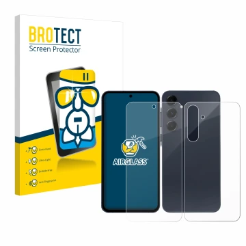 Parte frontal de un envase de producto con el logotipo de la marca BROTECT. Al lado se muestra el dispositivo Samsung Galaxy A