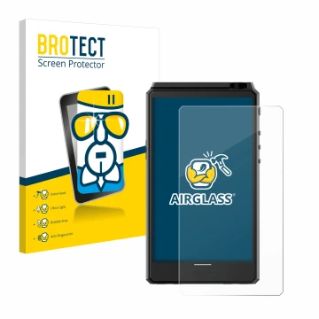 Parte frontal de un envase de producto con el logotipo de la marca BROTECT. Al lado se muestra el dispositivo Hiby R6 III con 