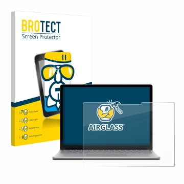 Parte frontal de un envase de producto con el logotipo de la marca BROTECT. Al lado se muestra el dispositivo Microsoft Surfac