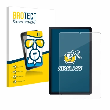 Parte frontal de un envase de producto con el logotipo de la marca BROTECT. Al lado se muestra el dispositivo Samsung Galaxy T