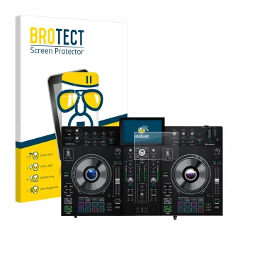 Parte frontal de un envase de producto con el logotipo de la marca BROTECT. Al lado se muestra el dispositivo Denon DJ Prime 2