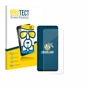 Parte frontal de un envase de producto con el logotipo de la marca BROTECT. Al lado se muestra el dispositivo Samsung Galaxy M
