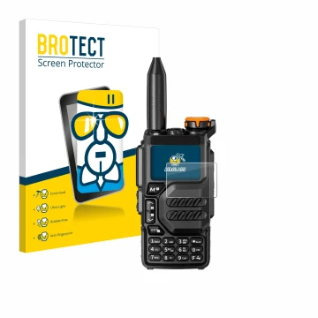 Parte frontal de un envase de producto con el logotipo de la marca BROTECT. Al lado se muestra el dispositivo Quansheng UV-K5 