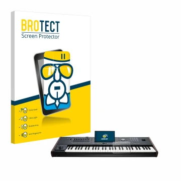 Parte frontal de un envase de producto con el logotipo de la marca BROTECT. Al lado se muestra el dispositivo KORG Pa5X con su