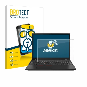 Parte frontal de un envase de producto con el logotipo de la marca BROTECT. Al lado se muestra el dispositivo Lenovo ThinkPad 