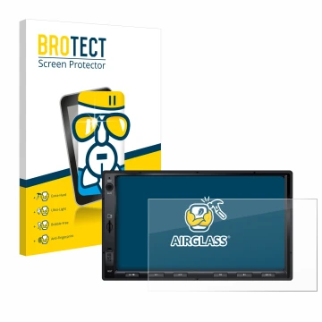 Parte frontal de un envase de producto con el logotipo de la marca BROTECT. Al lado se muestra el dispositivo Atoto F7 WE con 