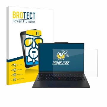 Parte frontal de un envase de producto con el logotipo de la marca BROTECT. Al lado se muestra el dispositivo Lenovo ThinkPad 