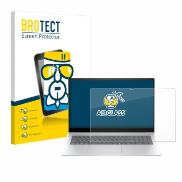 Parte frontal de un envase de producto con el logotipo de la marca BROTECT. Al lado se muestra el dispositivo HP Envy 17 2024 