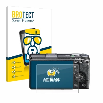 Parte frontal de un envase de producto con el logotipo de la marca BROTECT. Al lado se muestra el dispositivo Ricoh GR IIIx HD