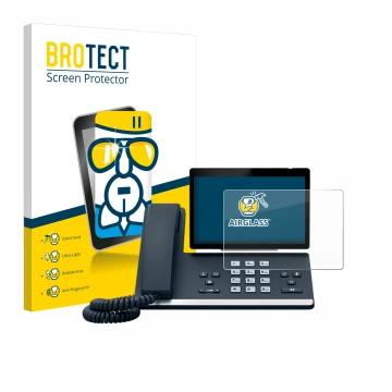 Parte frontal de un envase de producto con el logotipo de la marca BROTECT. Al lado se muestra el dispositivo Yealink SIP-T57W