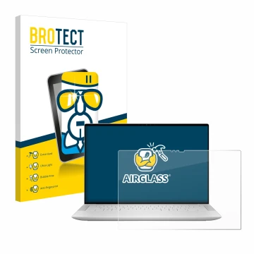 Parte frontal de un envase de producto con el logotipo de la marca BROTECT. Al lado se muestra el dispositivo Dell XPS 14 9440